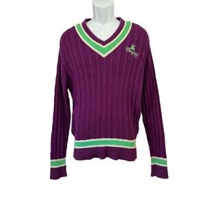 COOGI Purple V-Neck Cable Knit Sweater with Green & White Trim